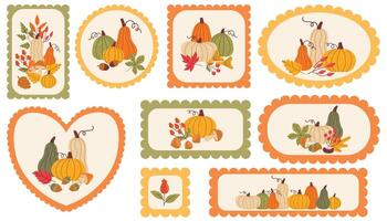 Set of scalloped heart, round, and rectangle frames with autumn harvest still life inside. vector