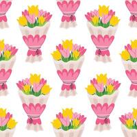 Seamless pattern with bouquet of pink and yellow tulip in cartoon flat style, arranged in polka dot order on white background. vector