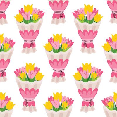 Seamless pattern with bouquet of pink and yellow tulip in cartoon flat style, arranged in polka dot order on white background.