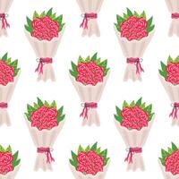 Seamless pattern with bouquet of red rose in cartoon flat style, arranged in polka dot order on white background. vector