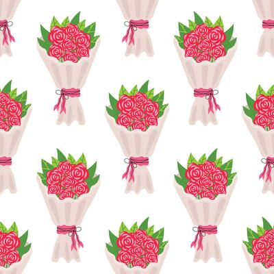 Seamless pattern with bouquet of red rose in cartoon flat style, arranged in polka dot order on white background.