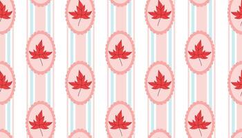 Seamless pattern with pink and blue vertical stripe and red autumn maple leaf in scalloped frame, polka dot order, cottagecore style on white background. vector