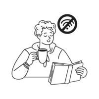 Line art of a man enjoying a book and coffee, embracing offline time. Calm expression with a no internet icon. Perfect for themes of relaxation and digital detox. vector