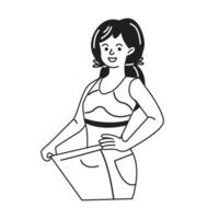 Line art illustration of a joyful woman showing significant weight loss by holding oversized pants. Her expression suggests pride and achievement on a plain background. vector