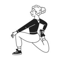 Line drawing of a woman stretching on white background. She is in a relaxed, focused pose, showcasing physical fitness and flexibility. Perfect for promoting yoga or exercise. vector