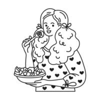 Curlyhaired woman with a joyful expression eating a salad. Dressed in a heartpatterned top, she enjoys a healthy meal. Black and white line art illustration. vector