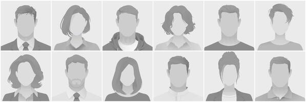 Set of grey silhouette avatars defoult photo placeholder depicting diverse anonymous profiles in business and casual attire suitable for user interfaces social media and professional networking sites. vector