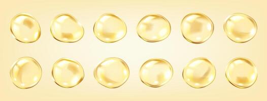 Golden collagen serum bubbles skincare realistic color icons set. Innovative cosmetic products promoting 3d objects bundle on yellow vector
