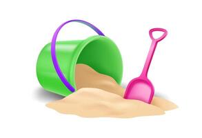 Bright illustration of a fallen green bucket and pink shovel with sand. Vibrant colors create a playful and inviting scene. Ideal for summer or beachthemed designs. vector