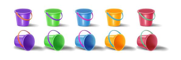 Collection of vibrant plastic buckets in various colors. Perfect for beach or sandbox play. Features shadows and realistic details on a white background. vector