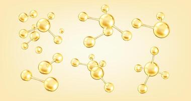Golden collagen molecules realistic color icons set. Structure of innovative cosmetic element 3d objects bundle on yellow background vector