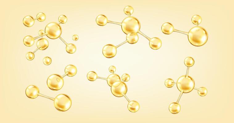 Golden collagen molecules realistic color icons set. Structure of innovative cosmetic element 3d objects bundle on yellow background