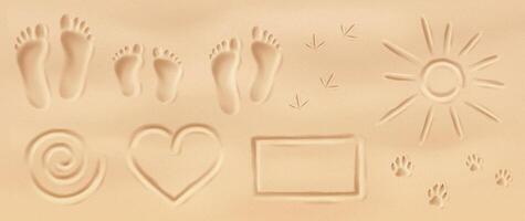 Sand imprints featuring human and animal footprints with symbols. Beige tones convey a sense of warmth. Ideal for summer themes or travel inspirations. vector