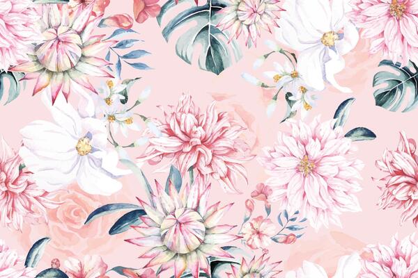 Seamless pattern chrysanthemum, protea, blooming flowers on abstract background.For fabric luxurious and wallpaper, vintage style.Tropical plants botanical floral pastel pattern.