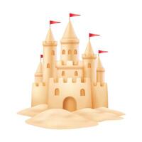 Digital illustration of a sandcastle adorned with red flags. Featuring realistic textures, it captures playful summer vibes. Isolated on a white background. vector