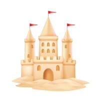 Digital illustration of a sandcastle featuring red flags. Created in warm beige tones against a white backdrop. Ideal for beach themes and summer fun designs. vector