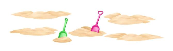 Illustration of colorful plastic shovels resting in soft sand. Green and pink shovels add vibrant contrast. Perfect for summer beach activities and playful themes. vector