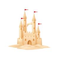 Illustration of a sandcastle with red flags. Designed with soft beige colors on a white background. Ideal for depicting beach fun and summer activities. vector