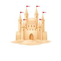 Digital illustration of a detailed sandcastle with red flags. Soft beige tones represent summer fun and beach activities, perfect for holiday themes. vector