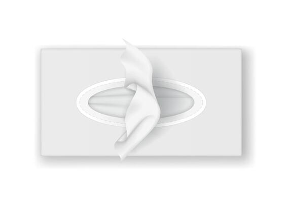Illustration of a white tissue box top view. Features soft tissues emerging. Clean and minimal design. Ideal for hygiene products and healthcare themes.