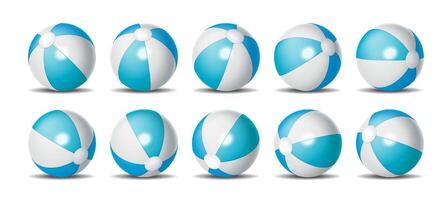 Set of ten blue and white beach balls arranged in various positions, ideal for summer themes and leisure activities, isolated on white background vector