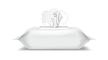 Highquality illustration of a wet wipes package with the lid open. Designed in a realistic style with a white color palette. Represents hygiene and convenience. vector