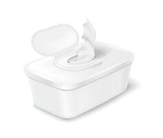 Plastic container with open lid and a tissue emerging. Realistic style in white color. Represents convenient hygiene product usage in household settings. vector