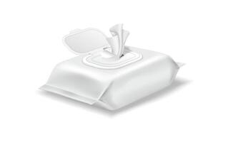 Illustration of a pack of wet wipes with an open lid in a realistic style. The design is predominantly white, emphasizing cleanliness and hygiene, ideal for healthcare products. vector