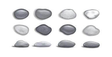 Collection of smooth gray stones in different shapes and sizes. Each stone is isolated on a white background. Ideal for design, background, and relaxation themes. vector