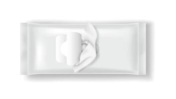 Realistic illustration of white wet wipe packaging with an open lid. Clean and simple design. Perfect for hygiene and personal care products. White background enhances the minimalist style. vector