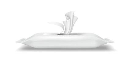 illustration of a white wet wipes package in realistic style. Soft and clean design, primarily in shades of white. Ideal for hygiene and personal care promotions. vector