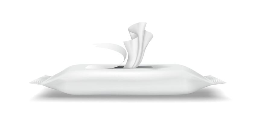 illustration of a white wet wipes package in realistic style. Soft and clean design, primarily in shades of white. Ideal for hygiene and personal care promotions.