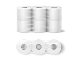 Illustration of a set of white toilet paper rolls in plastic packaging. Realistic style with a clean, minimalistic look. Useful for hygiene product advertisements. vector