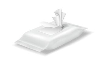 Realistic illustration of a pack of wet wipes. White packaging with a partially open lid. Ideal for hygienerelated designs. Minimalist style. vector