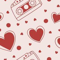 A seamless pattern with red hearts, dots and a cassette tape on a light pink background, retro style, flat design, minimalist vector
