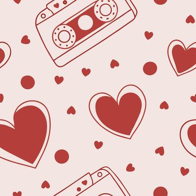 A seamless pattern with red hearts, dots and a cassette tape on a light pink background, retro style, flat design, minimalist