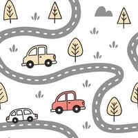 A seamless playful pattern featuring hand-drawn cars, trucks, and buses on winding roads with tiny trees, stop signs, and happy passengers in a child-friendly cartoon style vector