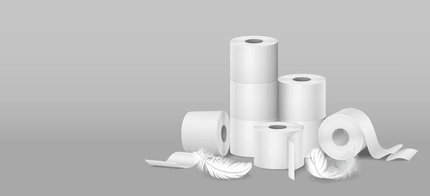 Illustration of white toilet paper rolls stacked neatly. Soft feathers surrounding them. Set against a plain grey backdrop. Represents cleanliness and softness.