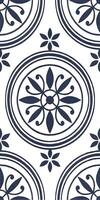 A seamless pattern, A blue and white tile with a circular floral pattern in the center, surrounded by concentric circles and smaller floral motifs in the corners vector
