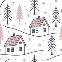 A seamless pattern of winter Scandinavian pattern with simple geometric houses, pine trees, and soft falling snowflakes in a muted monochrome and pastel palette vector