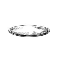 The saucer. graphics depicting an empty ceramic plate. A black-and-white hand-drawn illustration. An element of kitchen design, recipe, menu. For posters, labels and packages. vector