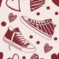 Seamless pattern, Two red sneakers with white laces and white soles, surrounded by red hearts and dots, on a light pink background vector