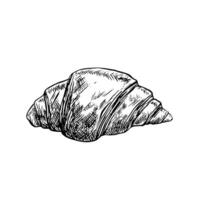 A croissant. graphic black and white hand-drawn illustration. Isolate on a white background. Flour pastry, a crescent-shaped bun made of puff pastry. For menu design, recipes, labels, packaging vector