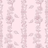 Seamless floral pattern with hand-drawn roses, leaves, and vintage scroll ornaments in soft pink tones. elegant engraving style design perfect for wallpaper, textile prints, wrapping paper, romantic vector