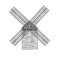 The Moulin de la Galette. black-and-white, hand-drawn graphic illustration. A windmill located in the upper part of the Montmartre district in Paris. Isolated drawing on a white background. vector