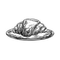 Croissant on a saucer. black-and-white hand-drawn illustration. Isolate on a white background. Flour dough, a crescent-shaped bun made of puff pastry. For menu, recipes, labels, packaging. vector