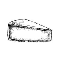 A piece of cheese camembert. graphics, black and white hand-drawn illustrations. Isolate on a white background. For packages and labels. For banners and posters. For restaurant and bar menus. vector