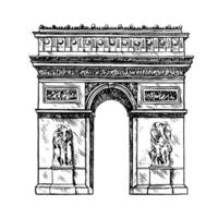 The Arc de Triomphe of the Star. graphics, black and white hand-drawn illustration. Isolate on a white background. A famous monument in Paris, France. For banners, flyers, and posters. vector