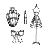 Beauty and fashion. A set of illustrations. black and white hand-drawn graphics. Tailor s mannequin, perfume, lipstick, ribbon bow, isolates on a white background. Elements of your design. vector