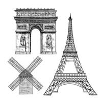 A set of Parisian attractions. Eiffel Tower, Arc de Triomphe stars, the Moulin de Galette mill. graphics, hand-drawn black and white illustrations. Isolates on a white background. vector